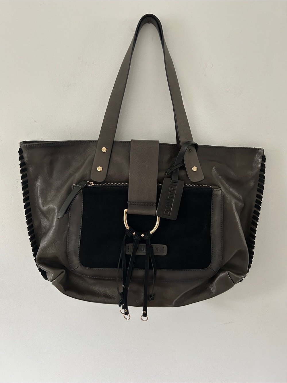 PIKOLINOS Bolsos Large Leather Shoulder Bag Fringe Detail Travel Tote in Lead